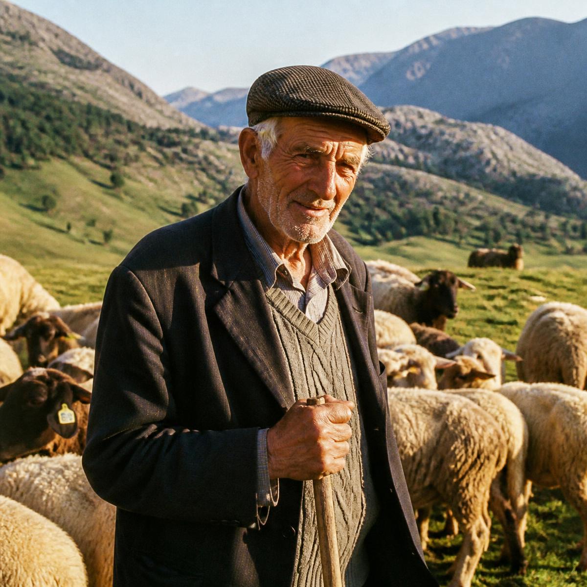 An elderly Albanian shepherd standing with his flock on a mountain pasture